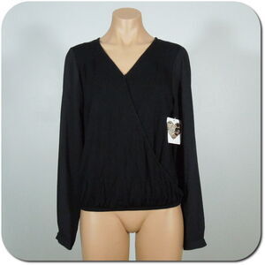 VIDA LECHE AMOR Blouse XS Womens Black Long Sleeve V-Neck Wrap